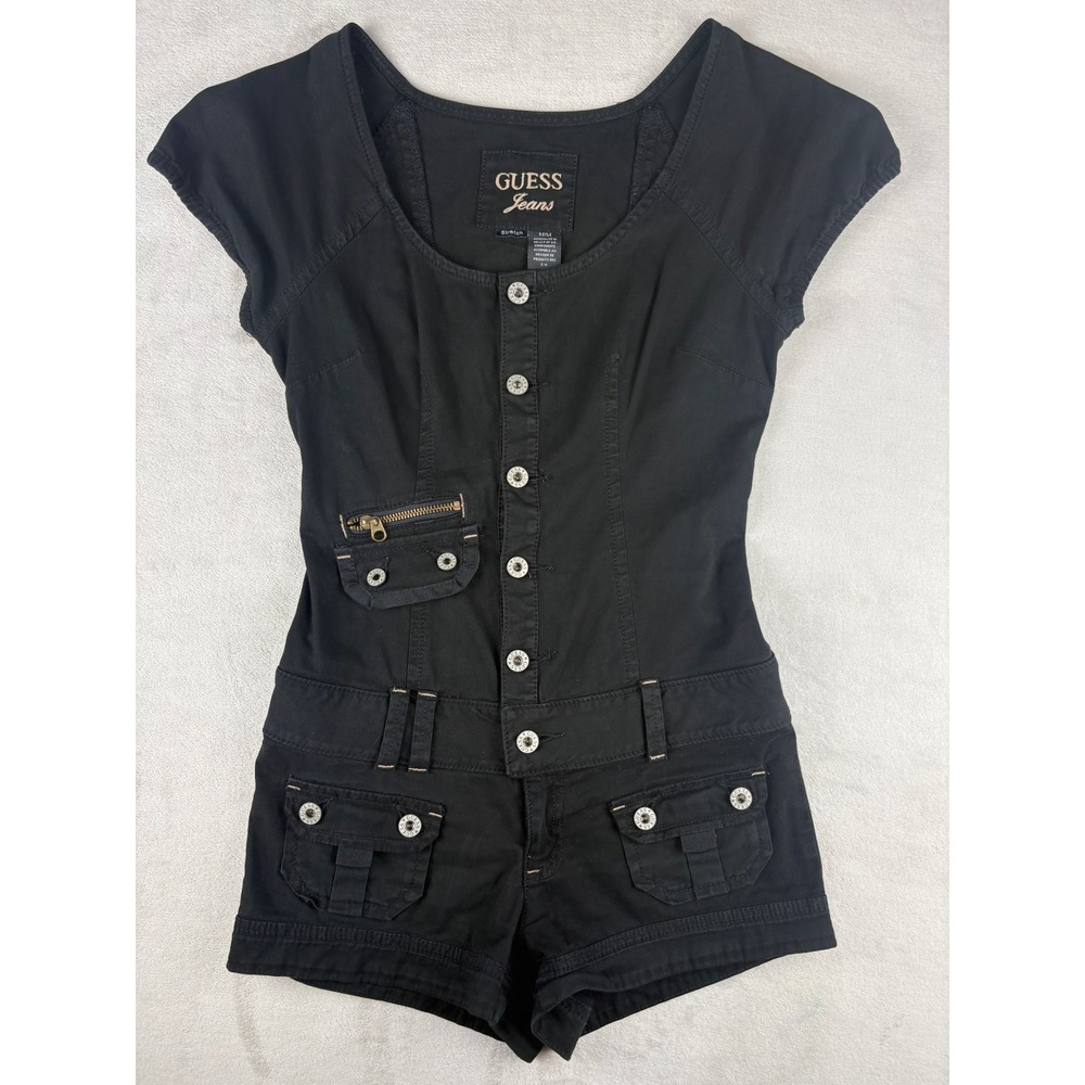 Vintage Y2K Guess Jeans Black Utility Romper Shorts Cargo Pocket Women's M